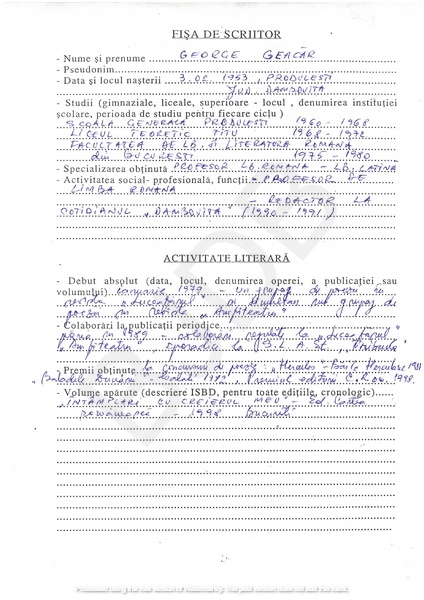 M-1296-1 - Fisa de scriitor GEORGE GEACĂR